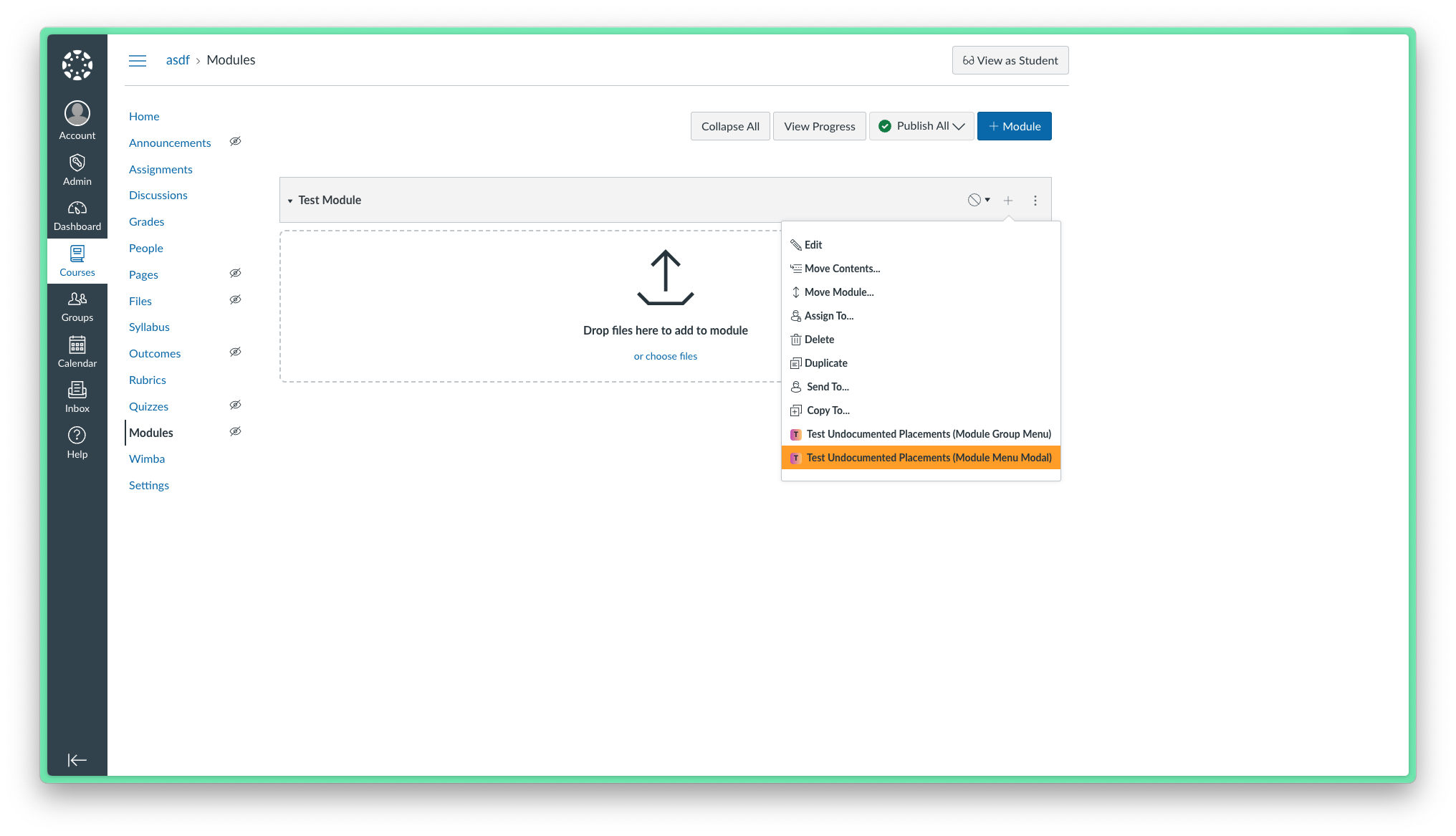 A screenshot of the Module Menu Modal placement within Canvas, located underneath the three-dot menu in any module group.